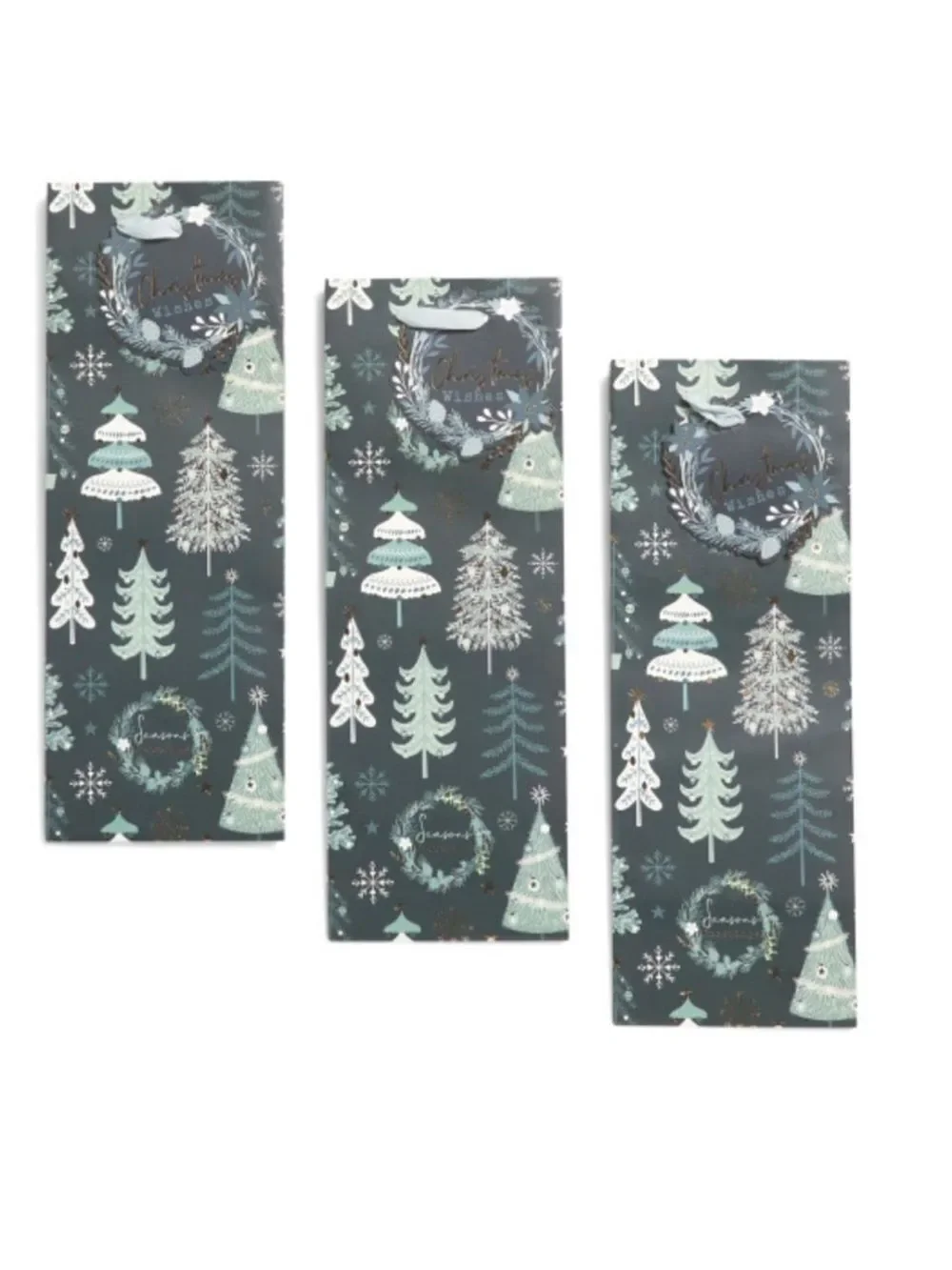 Green Paper Christmas Tree Print Holiday Gift Wine Bags 3 pk Green White Gold